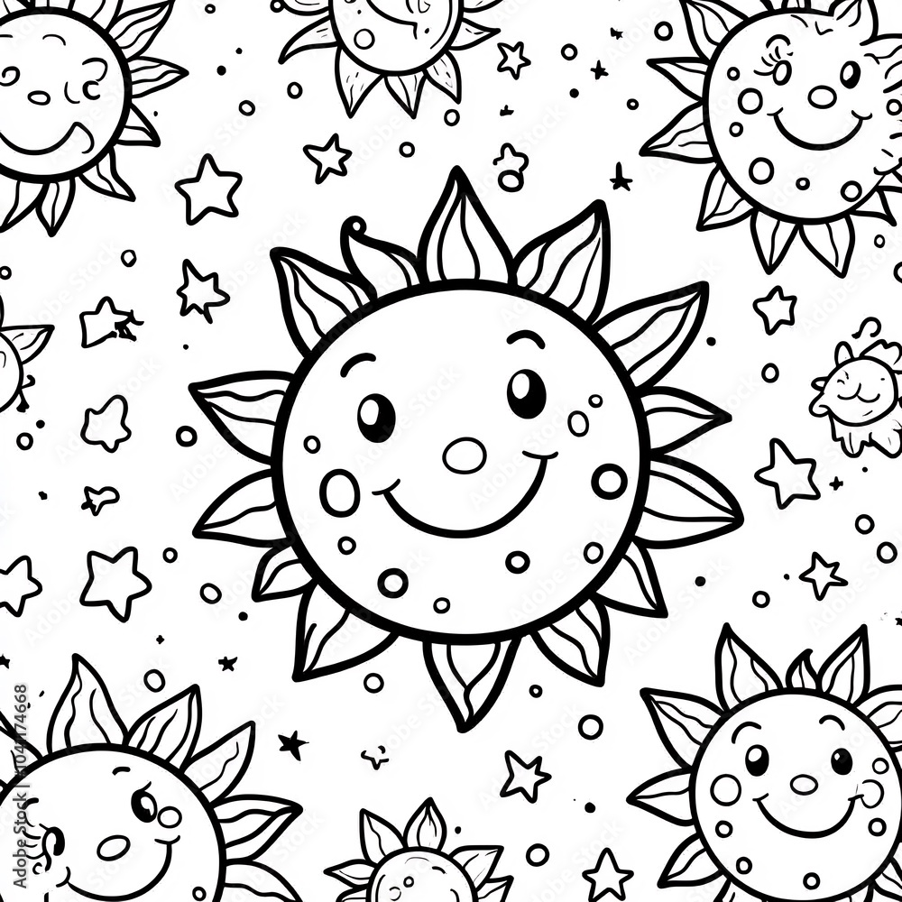 Aufkleber handdrawn illustration of s with smiling suns and simple star patterns outlined in black against a w