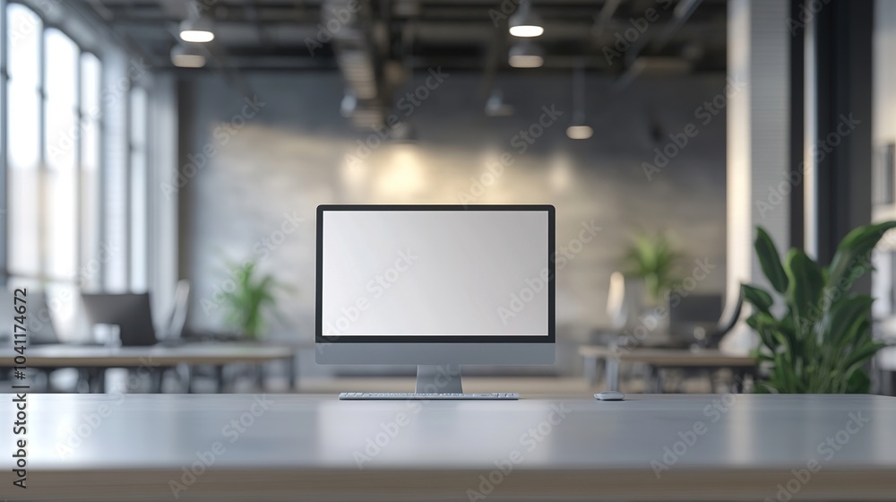 Poster modern workspace with empty computer monitor display