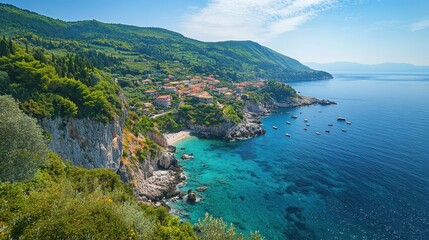 Fototapeta premium Coastal Town Nestled Between Green Cliffs