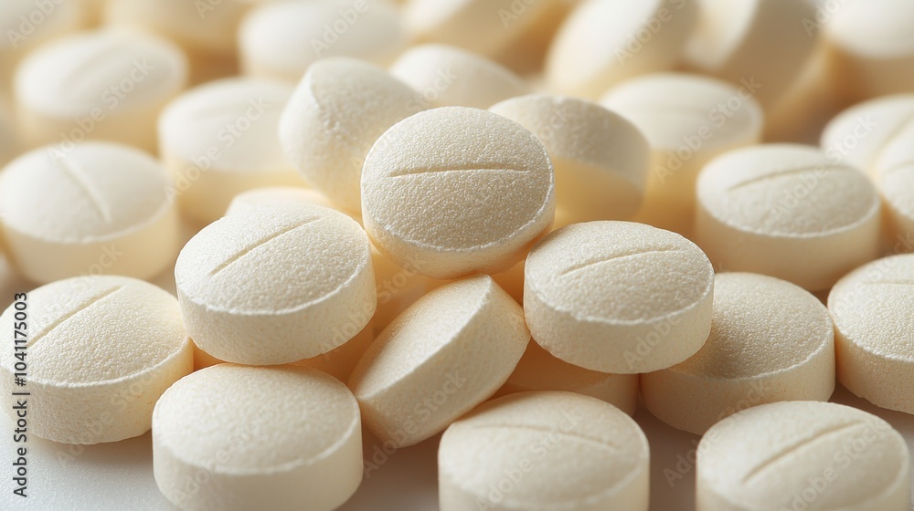 Poster close-up view of numerous beige tablets scattered across a surface, highlighting their round shape a