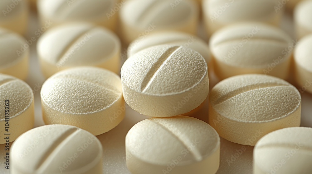 Poster a close-up view of yellow tablets arranged on a surface showing their textured surfaces and scored l