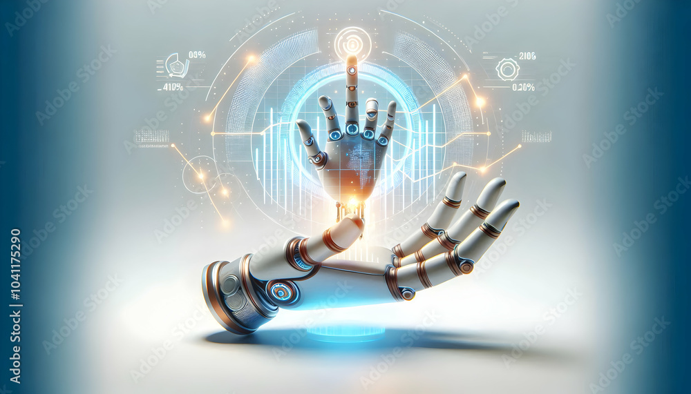Poster 3d floating ai robot hand with glowing growth charts and holographic interface | robotic hand projec