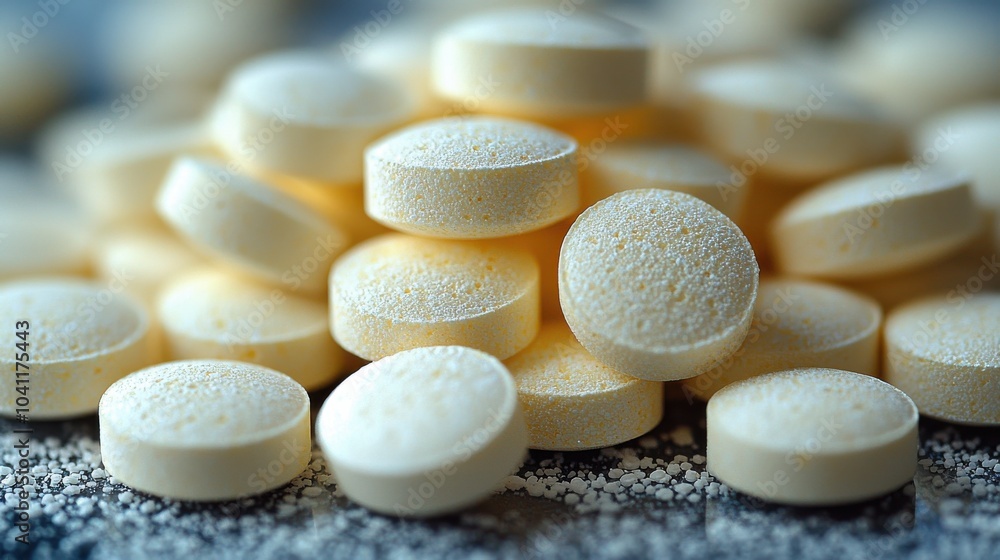 Poster yellow tablets scattered on a surface with powdered residue, showcasing different angles and texture
