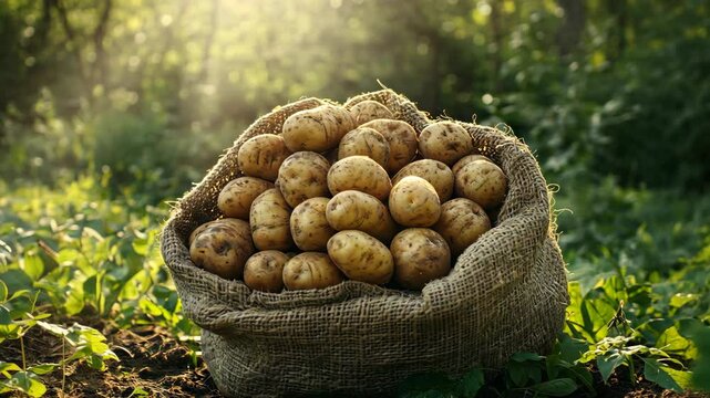 A burlap sack filled with freshly harvested potatoes sits in a field