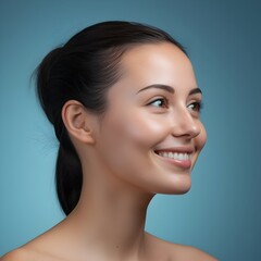 Obraz premium Youthful and Radiant Female Face with Flawless Skin and Cheerful Smile on Blue Background