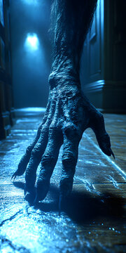A hand, impossibly long and thin, reaches out from under the bed, bathed in a strange blue light. The unnatural length of the hand evokes deep-seated childhood fears
