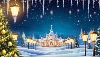Fototapeta premium Christmas night scene background featuring a majestic snow-covered landscape with twinkling icicles, glistening snowflakes, and a lavish festive atmosphere, illuminated by soft, warm, and golden stre