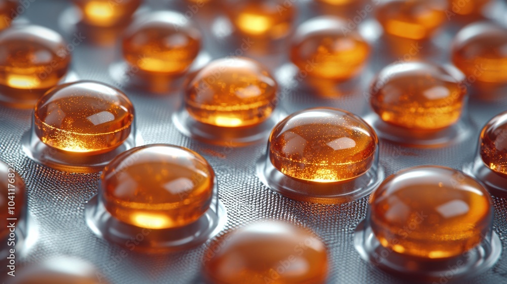 Poster close-up view of vibrant orange gelatin capsules arranged in a pattern on a reflective surface showc