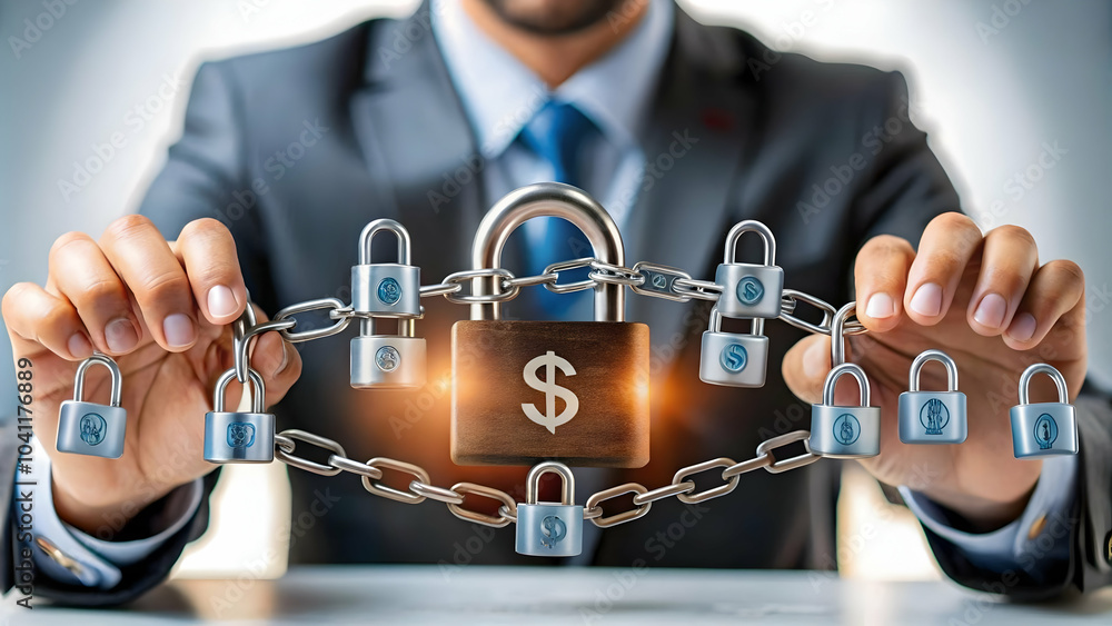 Poster business themed illustration of secure online transactions with digital locks, encrypted data flows,