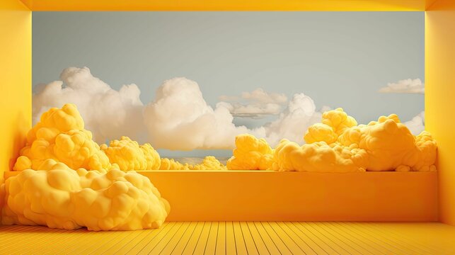 Yellow clouds in yellow room with wood floor.