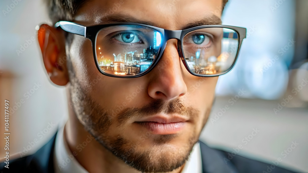 Poster close up macro shot ai code reflection customer support agent glasses human element ai driven custom