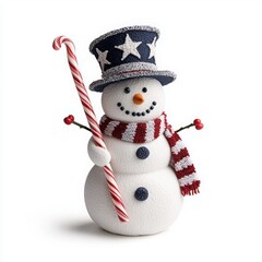 Festive snowman with patriotic colors and candy cane.