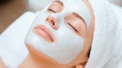 Woman relaxing with facial mask, pampering skincare treatment, white background.