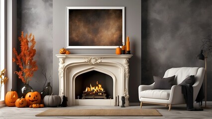 Modern minimalist wall art mockup of fireplace living room for Halloween, blank frame for wall art mockup of living room, Halloween and Christmas spooky scary vibes of the room interior design
