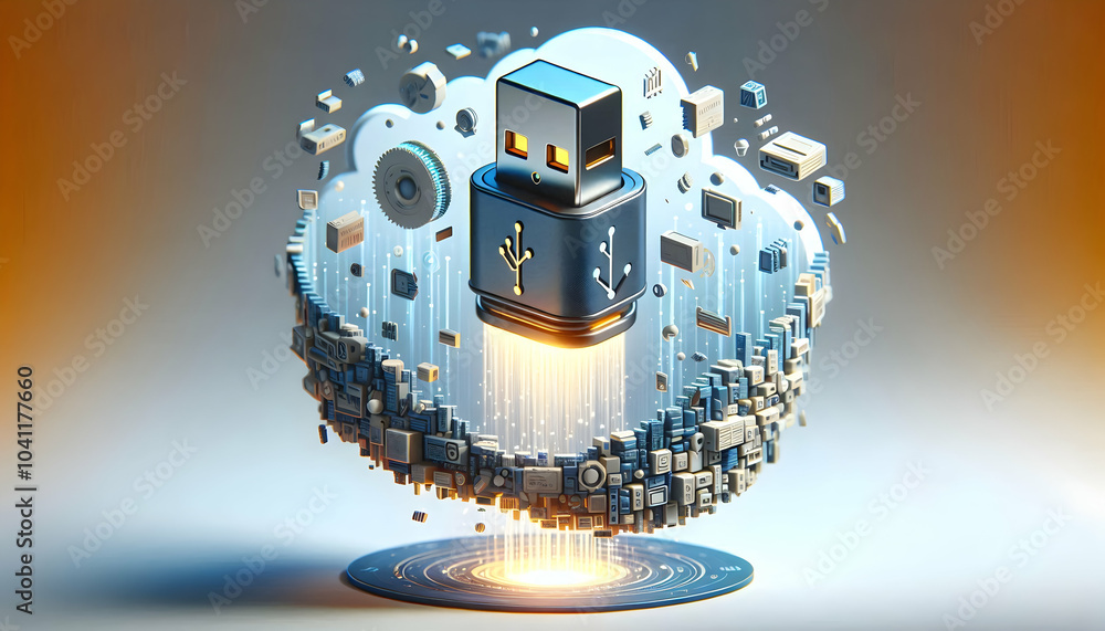 Aufkleber 3d floating usb drive glowing data stream concept mastery data storage technology innovation 3d icon