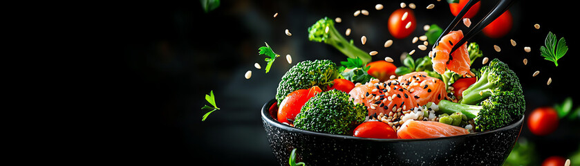 A vibrant poke bowl explosion with fresh ingredients like salmon