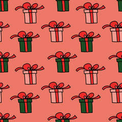 Seamless pattern of New Year's gifts. A hand-drawn illustration.