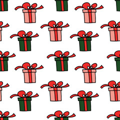Seamless pattern of New Year's gifts. A hand-drawn illustration.