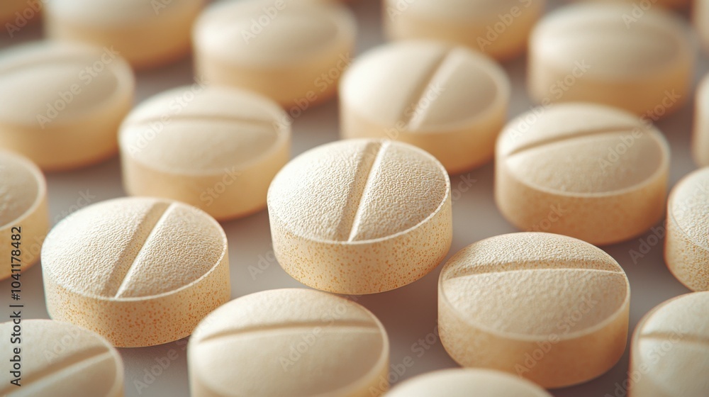 Poster close-up view of beige round tablets arranged neatly on a flat surface, showcasing their texture and