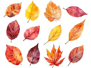 Obraz premium Vibrant Watercolor Autumn Leaves Collection Showcasing the Essence of the Fall Season on White Background