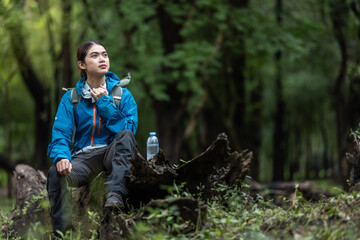 Young Woman Resting in Forest During Outdoor Adventure, Wearing Blue Jacket, Sitting on Tree Stump, Relaxing with Water Bottle, Exploring Nature, Enjoying Peaceful Atmosphere, Connecting with Nature