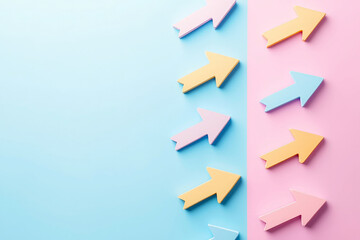 The image showcases a group of 3D arrows all pointing in the same direction, set against a pastel-toned blue and pink background, creating a harmonious and minimalistic aesthetic.