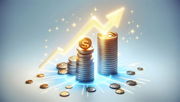 3D Floating Coins Stack with Glowing Upward Arrow Symbolizing Financial Growth Innovation Business Trends Isolated White Background for Financial Infographics 3D Icon