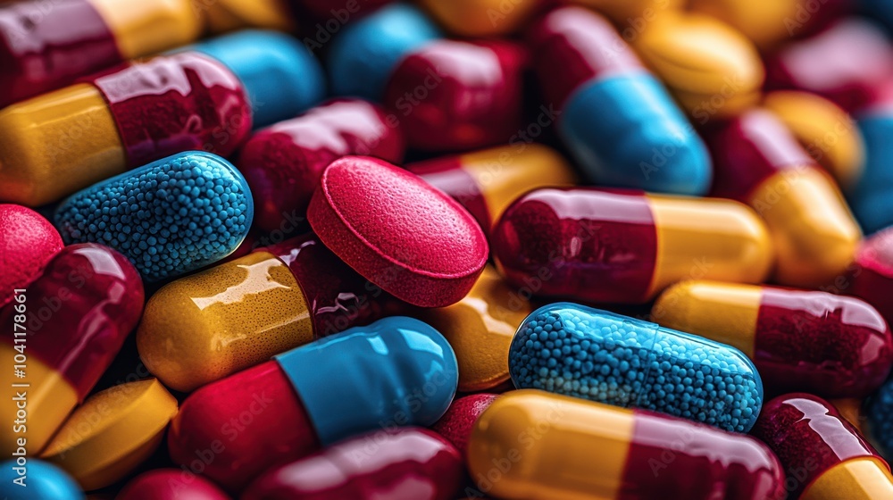 Poster colorful assortment of capsules and tablets stacked together on a surface, showcasing various shapes
