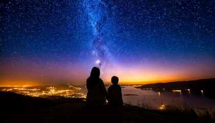Fototapeta premium A serene moment with mom and kid watching stars together.