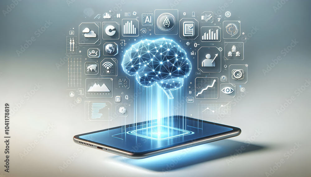 Poster 3d floating holographic tablet projecting ai data charts growth trends minimalist background copy sp
