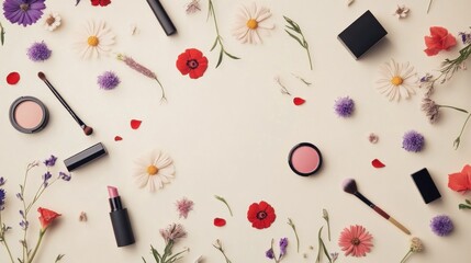 Fototapeta na wymiar Floral Makeup Flat Lay