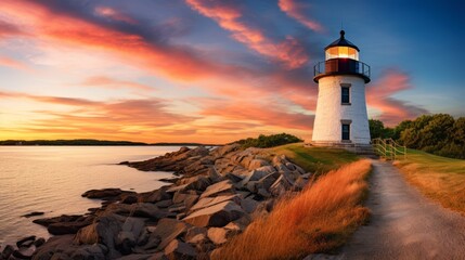 Naklejka premium Historic castle hill lighthouse along rocky new england coastline in newport, rhode island with dramatic sunset sky
