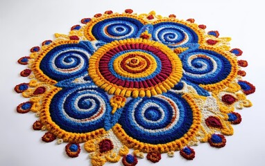 An intricate rangoli design combining circular shapes and swirling spiral patterns, filled with vibrant colors like blue, red, and yellow. 