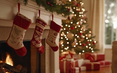 A cozy winter fireplace scene with stockings hanging on the mantel, surrounded by wrapped presents and a beautifully lit Christmas tree. 