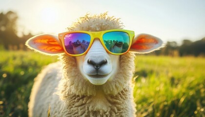 Fototapeta premium A playful sheep wearing colorful sunglasses stands in a sunlit field, exuding a fun and cheerful vibe.