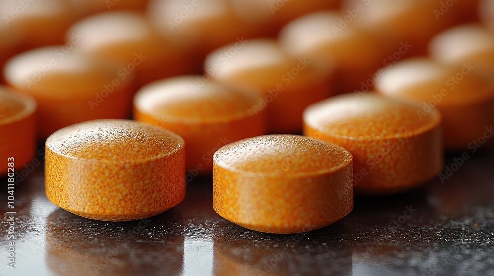 Poster close-up view of orange rounded tablets arranged neatly on a reflective surface highlighting their t