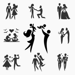 et of silhouette icons of dating, proposal, wedding, pregnancy and children. Black and white abstract figures on white background. Depict key moments such as holding hands, proposal, wedding ceremony,