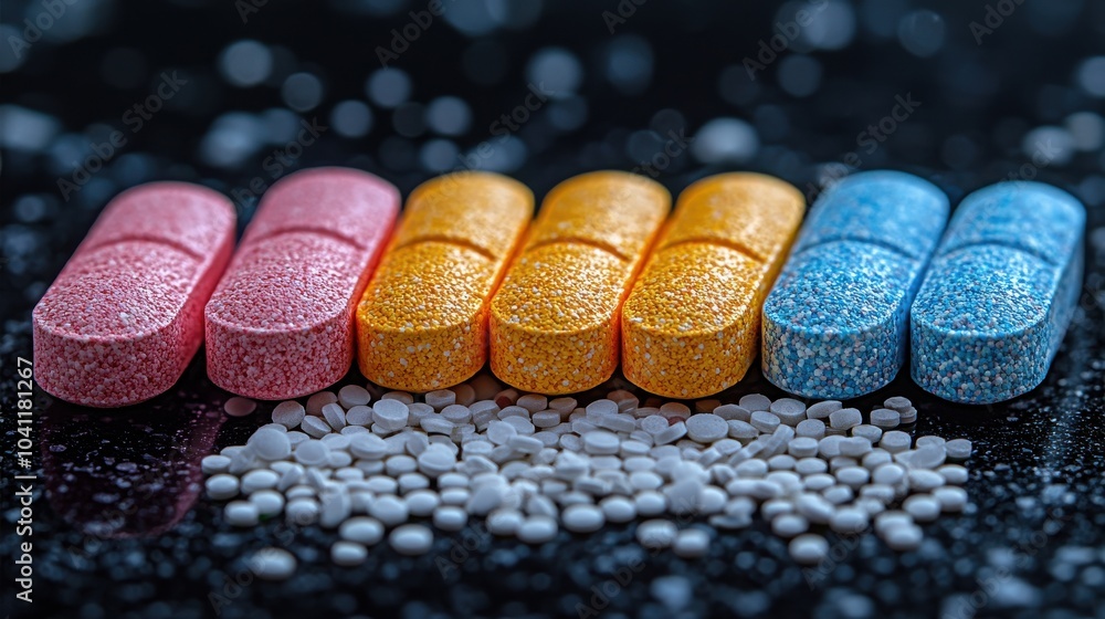Poster colorful assorted tablets and granules arranged neatly on a black surface with shimmering background
