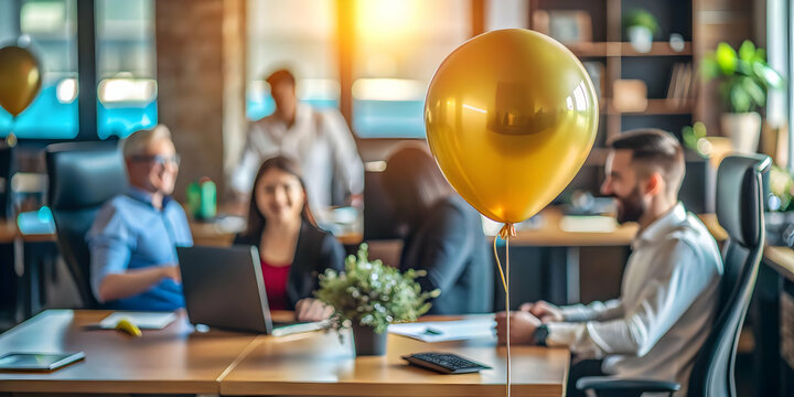 Glossy Background with Glowing Balloon Floating Above Desk - Office Celebration Concept for Success and Team Achievements in Photo Stock - Clean Setup for Motivational Text Display