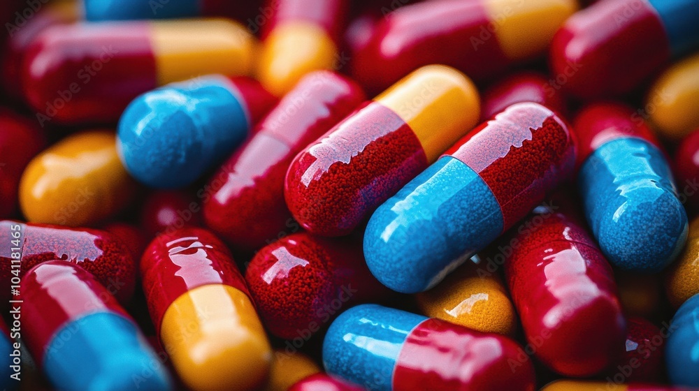 Poster colorful capsules scattered across a surface showcasing vibrant colors and design patterns in a heal