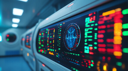 Fototapeta premium Close-up of a futuristic control panel showcasing vibrant screens and digital displays, ideal for illustrating advanced technology and innovation.