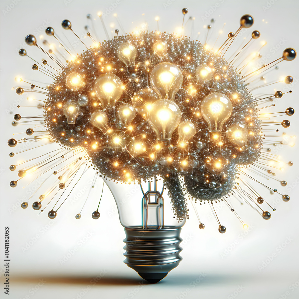 Poster 3d bokeh light bulbs transform into brain neurons macro shot illuminated network innovative thinking