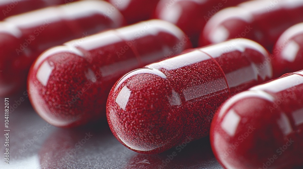 Poster close-up view of shiny red capsules arranged neatly on a surface in a well-lit environment, showcasi