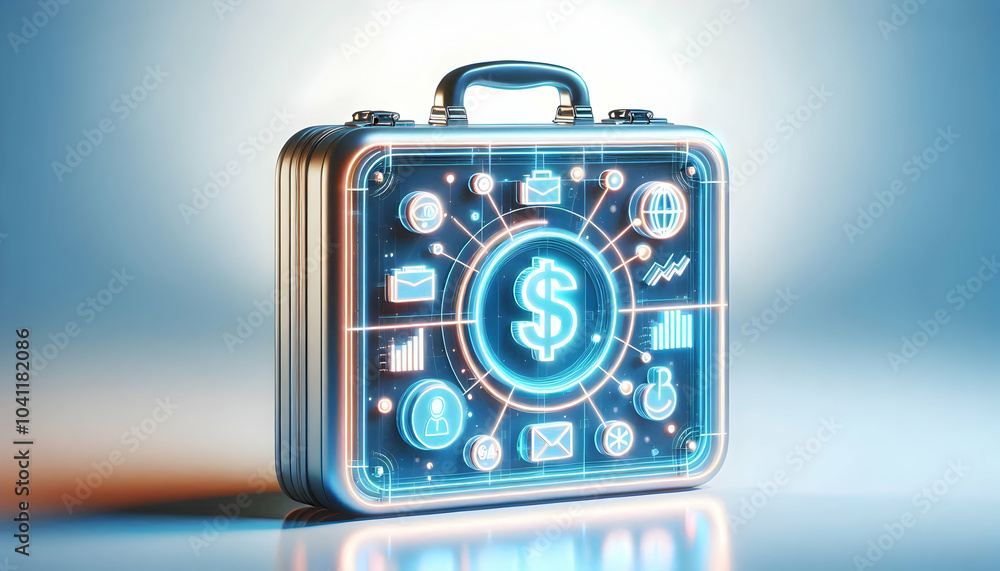 Poster 3d holographic briefcase with glowing deal and budget icons concept - isolated white background for 