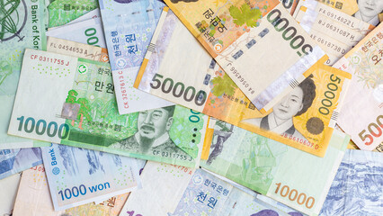 South Korean won banknotes cash money currency, South Korean won official Korean Republic won cash money official currency bills banknotes money.
