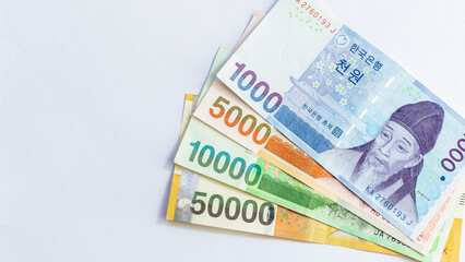 South Korean won banknotes cash money currency, South Korean won official Korean Republic won cash money official currency bills banknotes money.