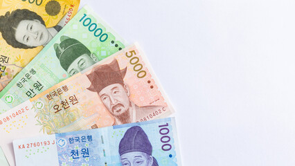 South Korean won banknotes cash money currency, South Korean won official Korean Republic won cash money official currency bills banknotes money.