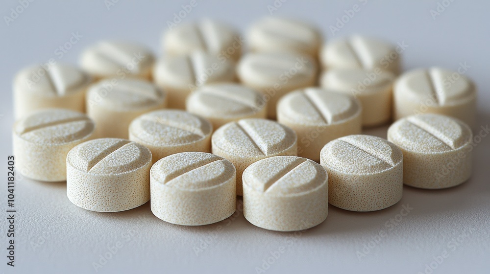 Poster close-up view of circular white tablets arranged neatly on a flat surface, highlighting their textur
