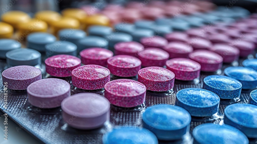Poster colorful array of round tablets arranged neatly on a black tray in a bright indoor setting during th