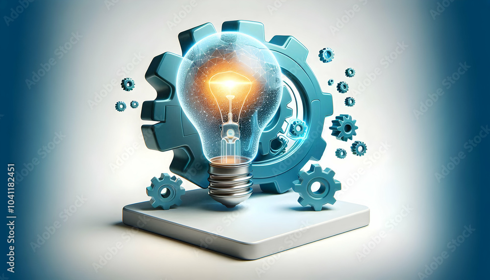 Poster 3d floating lightbulb glowing gear icon mastery innovation idea generation technical processes infog